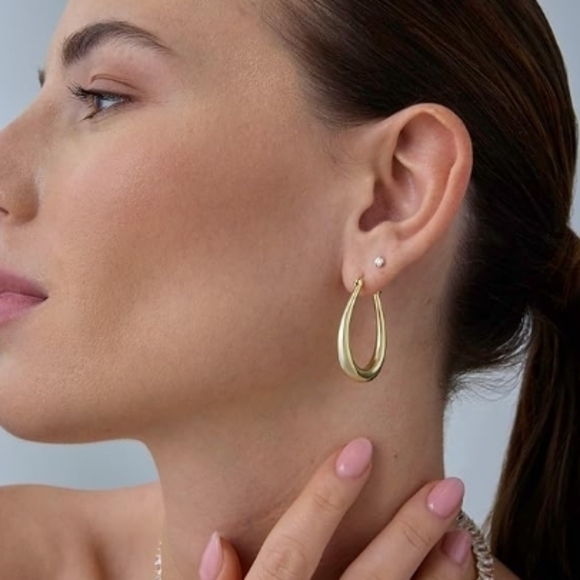 14K Gold Plated Oval Chunky Hoop Dangle Earrings - Picture 3 of 5